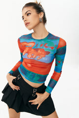 Abstract Print Mesh Long Sleeve Top
