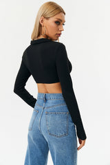 Solid Plunging Neck Button Front Long Sleeve Top