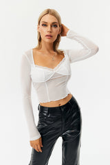Lace Trim Mesh Cut Out Long Sleeve Top