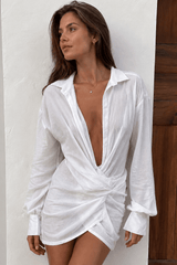 Long Sleeve Shirt Sexy Deep V Linen Mini Dress