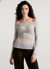 Sheer Ruched Faux Two-Piece Off Shoulder Crop Top