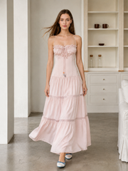 Pink Satin Tie Strapless Spaghetti Strap Maxi Dress