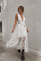 Sexy Solid V Neck Loose Lace Maxi Dress