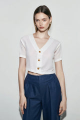 Linen V Neck Short Sleeve Blouse