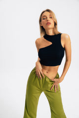 Asymmetrical Neck Solid Sleeveless Crop Top