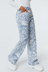 Wave Print High Waist Straight-leg Jeans