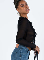 Tie Detail Cut Out Long Sleeve Mesh Shirt