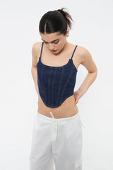 Top-stitching Curved Hem Denim Corset Top