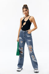 Cut Out Asymmetrical Neck Bodysuit