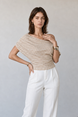 Chic Cold Shoulder Stripe Short Sleeve Knit Blouse