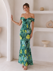 Tie Strapless Ruffled Print Sexy Bodycon Maxi Dress