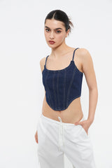 Top-stitching Curved Hem Denim Corset Top
