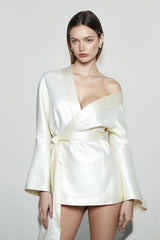 Loose Tie-Waist Long-Sleeve Satin Mini Silk Dress