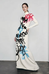 High Neck Graffiti Color Block Bodycon Maxi Dress