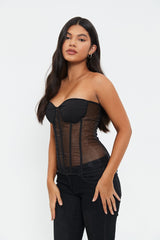 Off Shoulder Lace Up Mesh Splicing Boning Crop Top