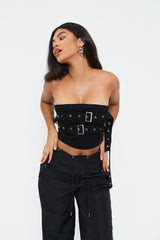 Off Shoulder Belt Decor Denim Crop Top