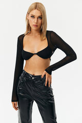 Plunging Neck Buckle Detail Long Sleeve Top