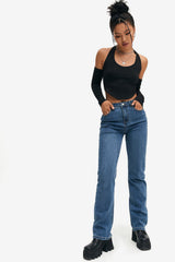Cold Shoulder Backless Curved Hem Crop Top
