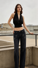 Loose V Neck Halter Solid Waist Button Backless Tank Top