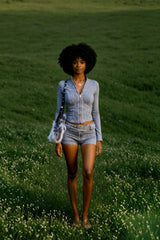 Distressed Denim Zipper Cardigan Jacket Two Piece Shorts Set