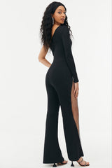 Mesh One Sleeve Flared Leg Jumpsuit