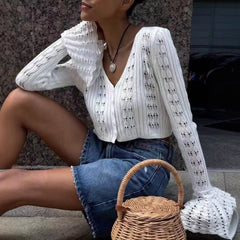 Hollow out Pleated Bell Sleeve Cardigan