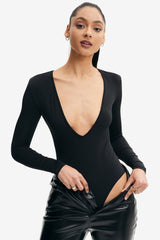 Plunging Neck Long Sleeve Solid Bodysuit