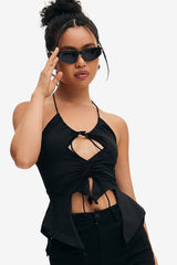 Halter Neck Cut Out Asymmetrical Hem Backless Crop Top