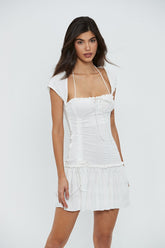 Square Neck Lettuce Trim Drawstring Ruched Mini Dress