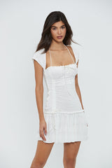 Square Neck Lettuce Trim Drawstring Ruched Mini Dress