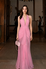 Sweet V Neck Halter Ruched Mesh Maxi Dress