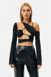 Cut Out Asymmetrical Neck Long Sleeve Top