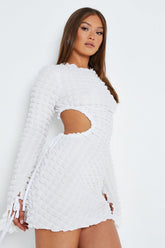 Bubble Textured Cut Out Flared Sleeve Mini Dress