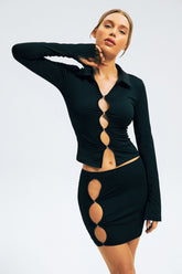 Lapel Neck Long Sleeve Top & Cut Out Mini Skirt Set
