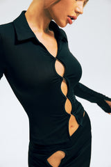 Lapel Neck Long Sleeve Top & Cut Out Mini Skirt Set