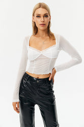 Lace Trim Mesh Cut Out Long Sleeve Top