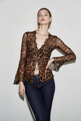 Leopard Mesh Chiffon Lace Sheer Top