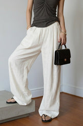 White Linen Blend Wide Leg Casual Pants
