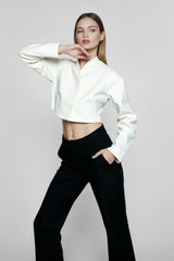 Chic White Boucle Cropped V Neck Coat