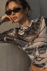 Sexy Sheer Mesh Print Round Neck Long Sleeve Blouse