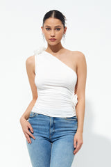 One Shoulder Three-dimensional Flower Ruched Top