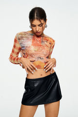 Mesh Character Print Long Sleeve Crop Top