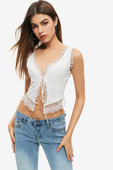 Lace Trim Tie Front Sleeveless Crop Top