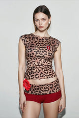 Leopard Print Shorts Sleeve Crop Top Two Piece Shorts Set