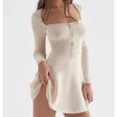Square Collar Drawstring Zipper Knit Dress