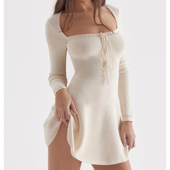 Square Collar Drawstring Zipper Knit Dress