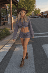 Plaid Lace Cropped Elastic Tie Waist Two Piece Set