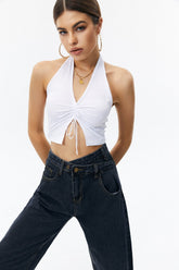 Drawstring Ruched Backless Crop Top