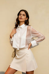 Lapel Long Sleeve Mesh Patchwork Blouse