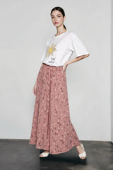 Vintage Floral Print A-line Pleated Streetwear Drawstring Midi Skirt